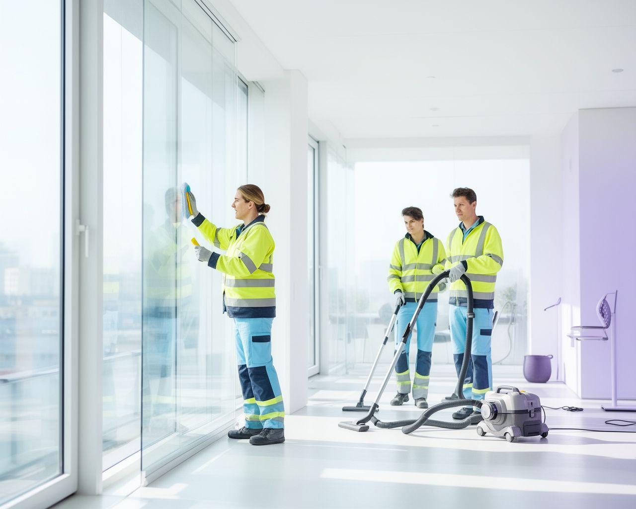 Professionelles Reinigungsteam bei der Arbeit in einem modernen Wiener Büro